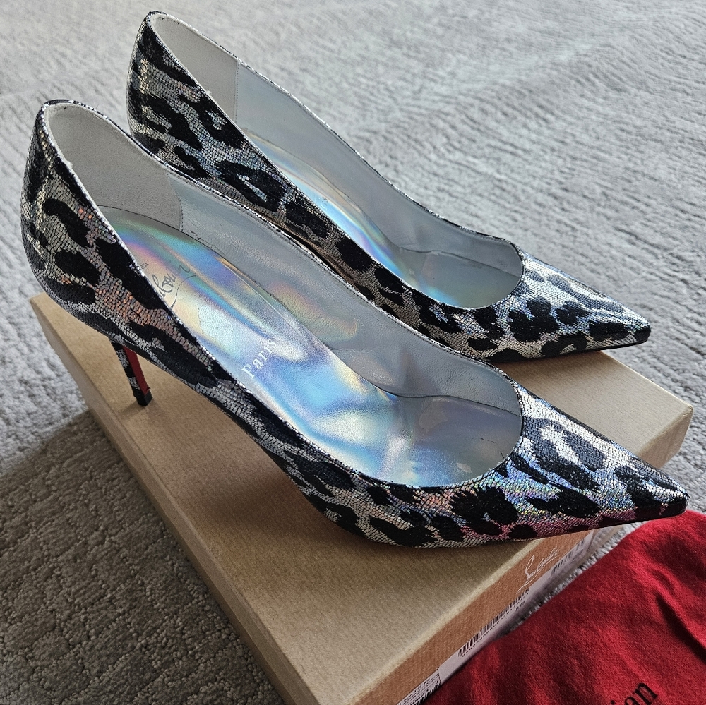 Christian Louboutin Kate 85 Silver Leopard Heels